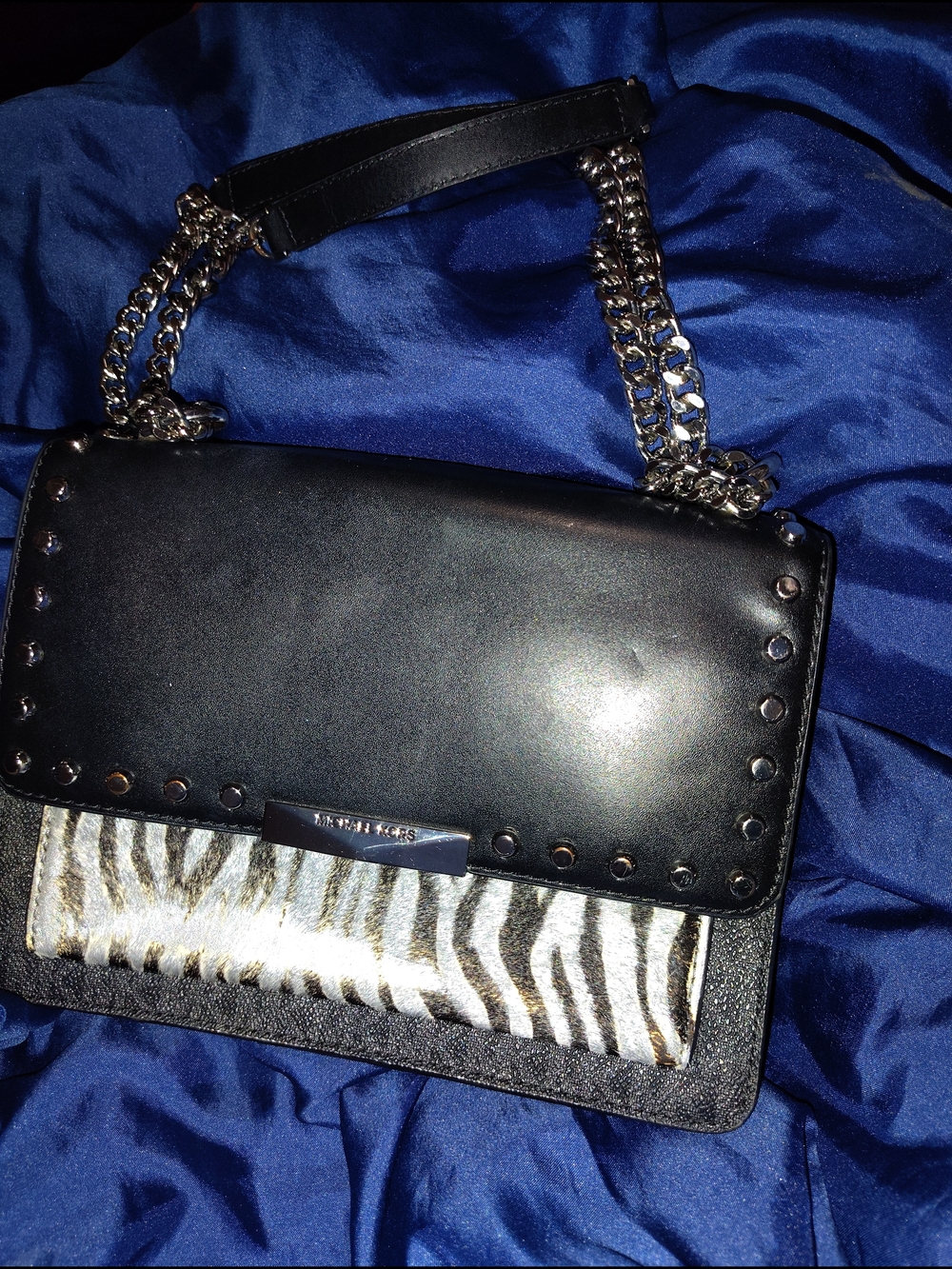 Michael Kors Black Leather Shoulder Bag w/Zebra Panel and Silver Chain